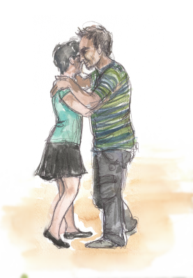 Ein Aquarell zeigt Annett und Thorsten beim Tango-Tanzen.